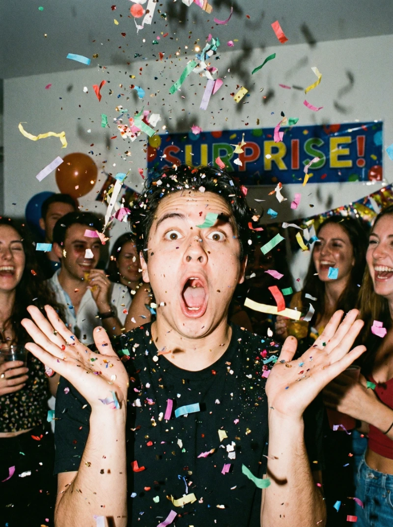 Surprised Confetti Freeze, created using a Nano Banana Prompt