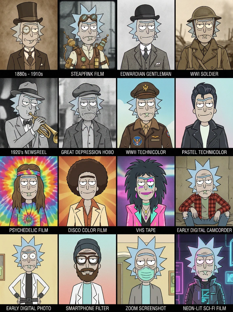 Rick's Vintage Decades Fashion Grid, created using a Nano Banana Prompt