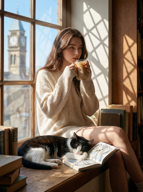 Nano Banana model generation of Sunlit Bookstore Cat Moment