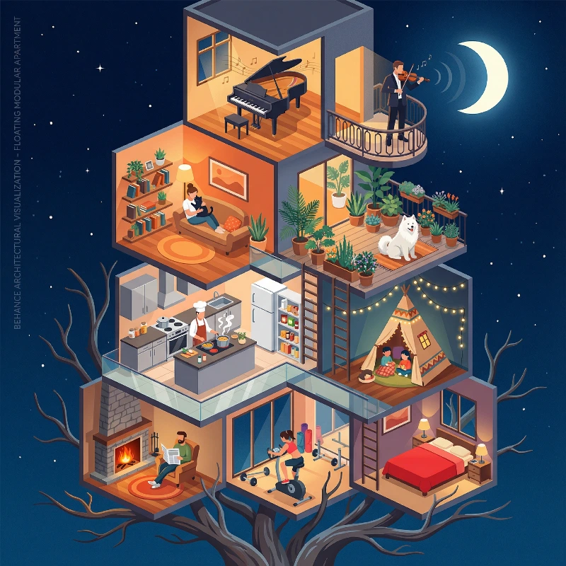 Isometric Modular Night Home, created using a Nano Banana Prompt