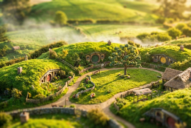 Hobbiton Tilt-Shift Golden Dawn, created using a Nano Banana Prompt