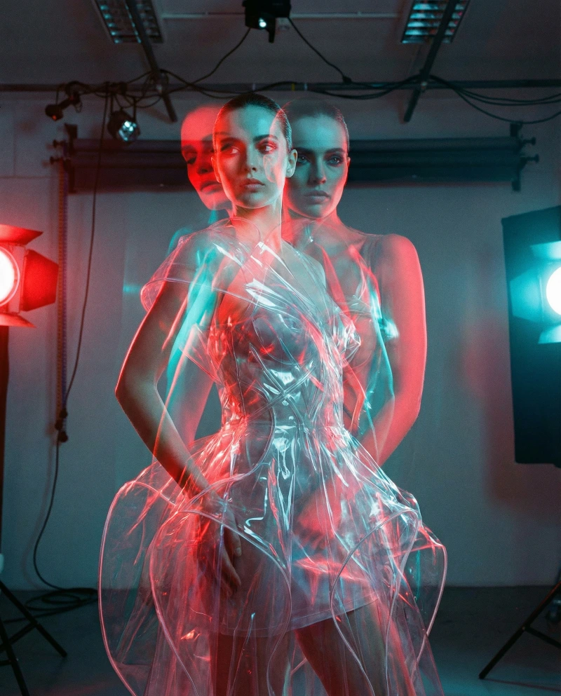 Nano Banana model generation of Plastic Dress Fashion Portrait