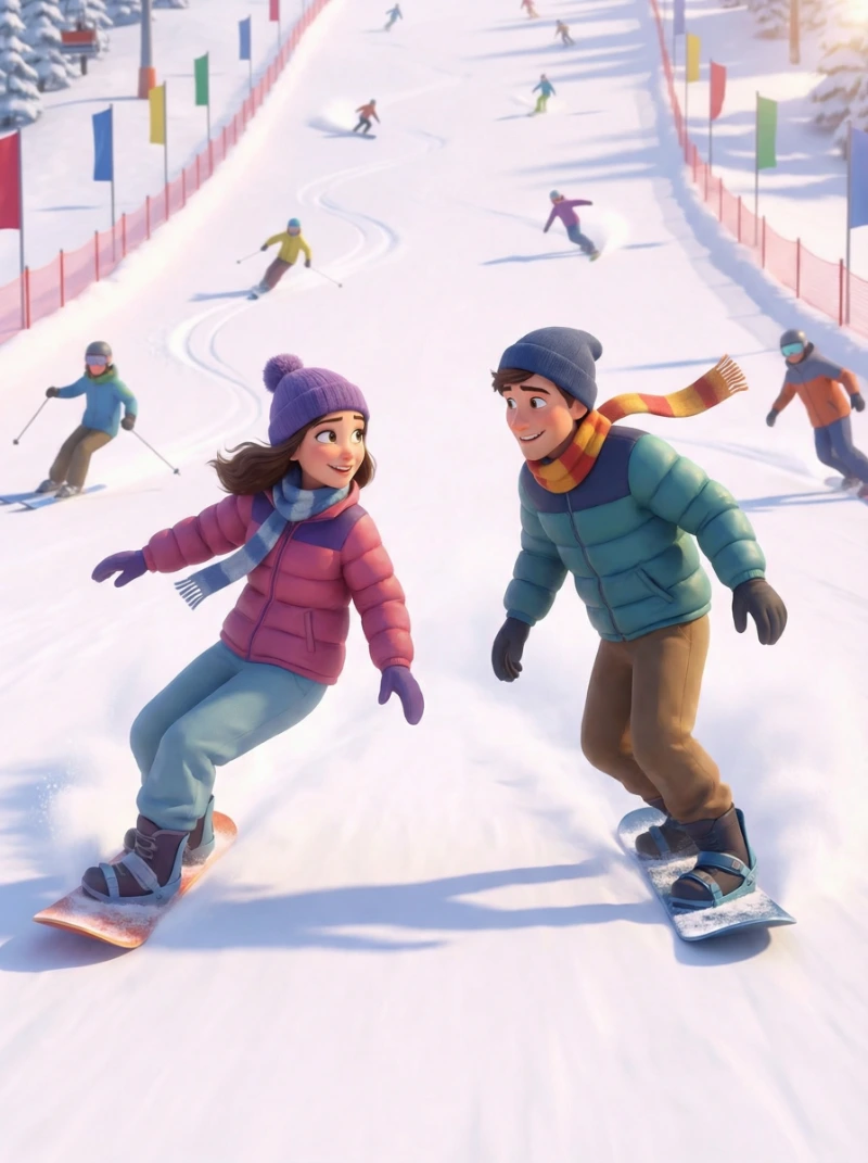 Nano Banana model generation of Pixar Snowboard Couple
