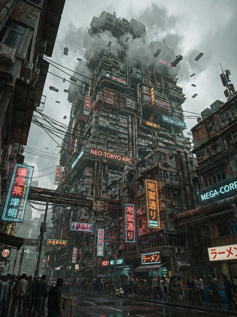 Cyberpunk Arcology Low-Angle, created using a Nano Banana Prompt