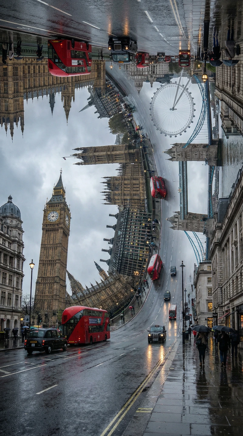 Gravity-Bent London Rain, created using a Nano Banana Prompt