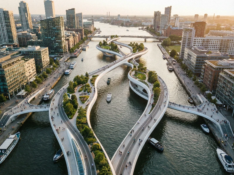 Nano Banana model generation of Futuristic Winding Bridge Aerial