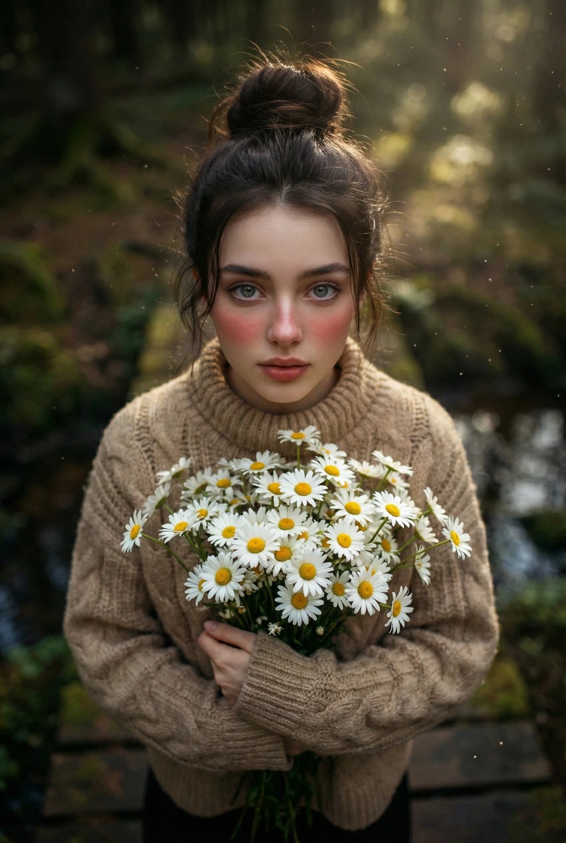 Innocent Woman with Daisy Bouquet