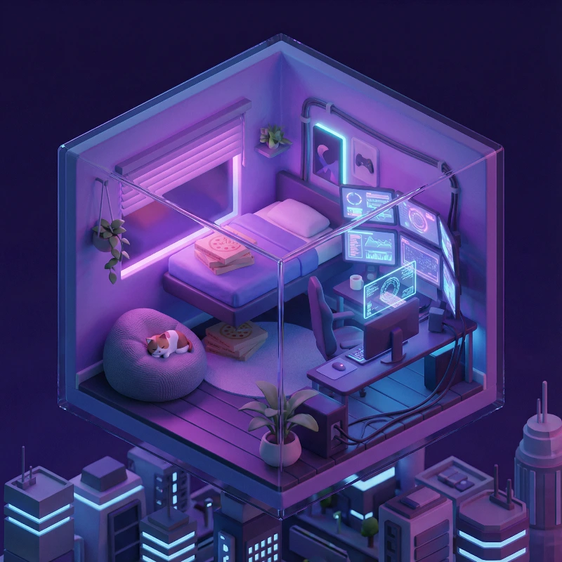 Nano Banana model generation of Isometric Neon Gaming Bedroom