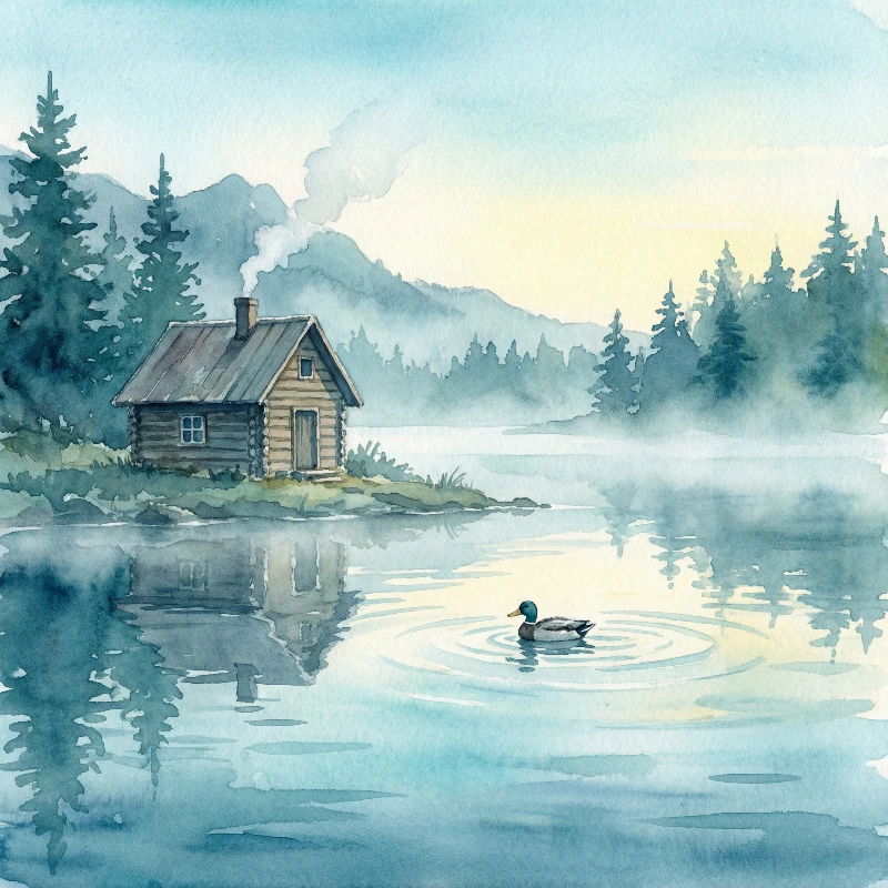 Nano Banana model generation of Dawn Lake Cabin Watercolor