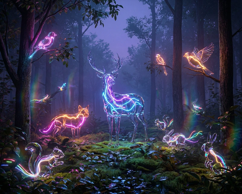 Neon Glass Forest Creatures