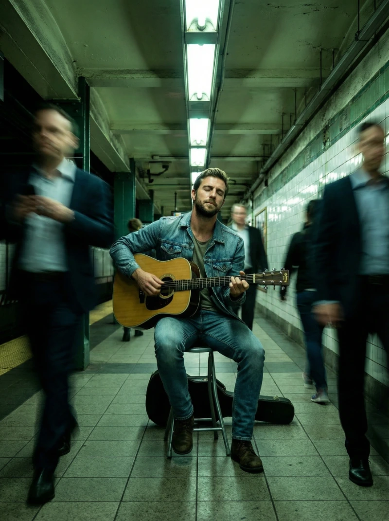 Nano Banana model generation of Subway Guitarist Glow