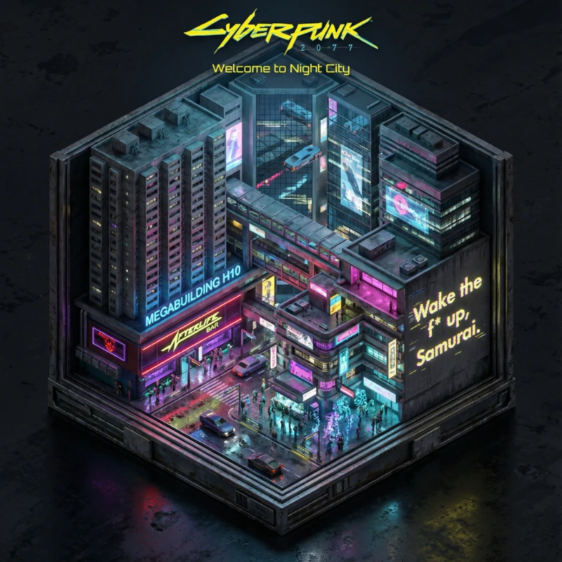 Nano Banana model generation of Cyberpunk Night City Diorama