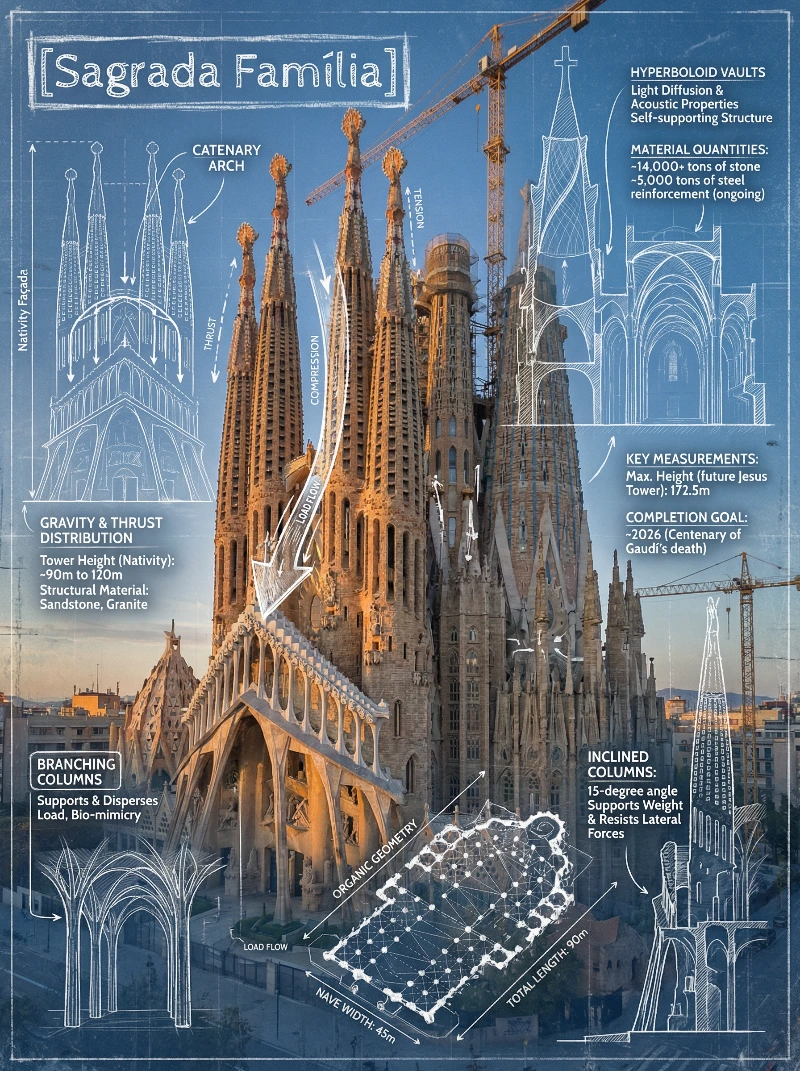 Nano Banana model generation of Sagrada Família Tech Infographic