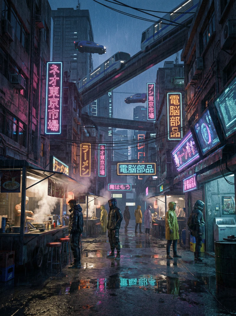Nano Banana model generation of Neon Cyberpunk Market