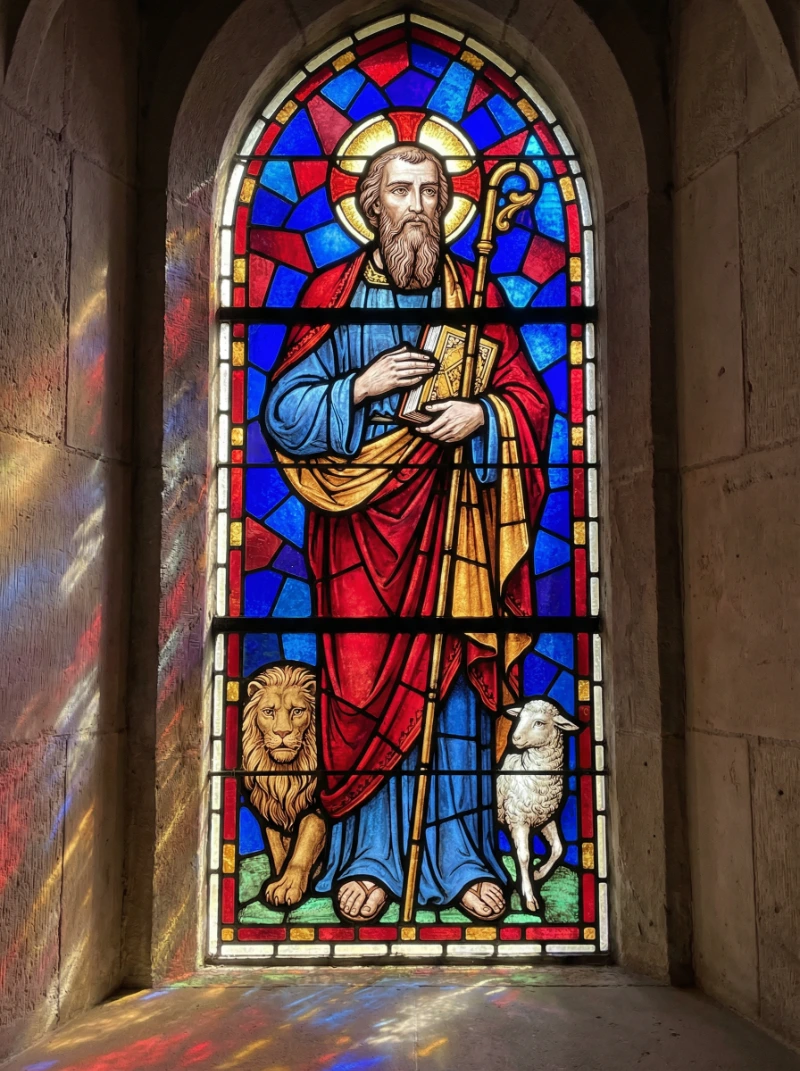 Nano Banana model generation of Vibrant Stained Glass Saint