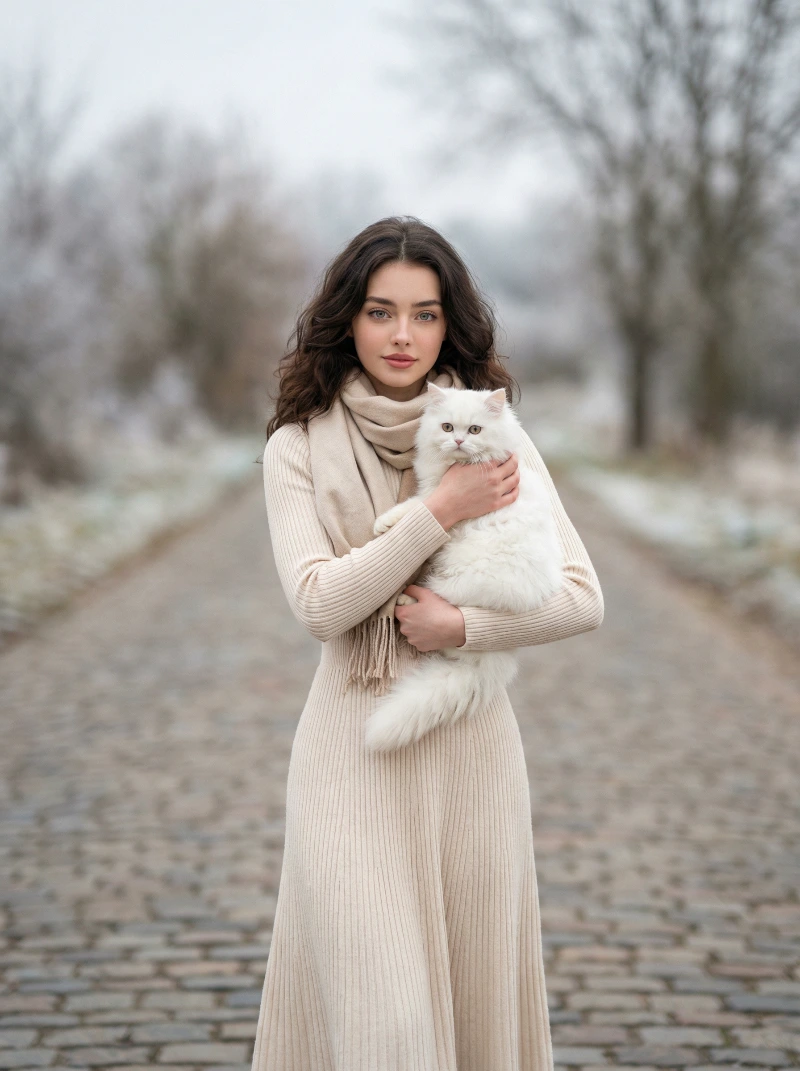 Nano Banana model generation of Calm Winter Portrait with Cat