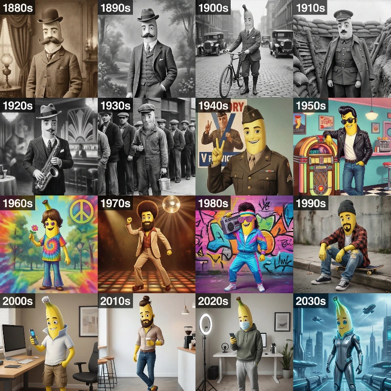 Nano Banana model generation of Decades Banana Grid