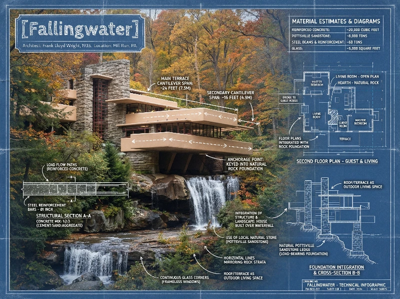 Nano Banana model generation of Fallingwater Blueprint Infographic