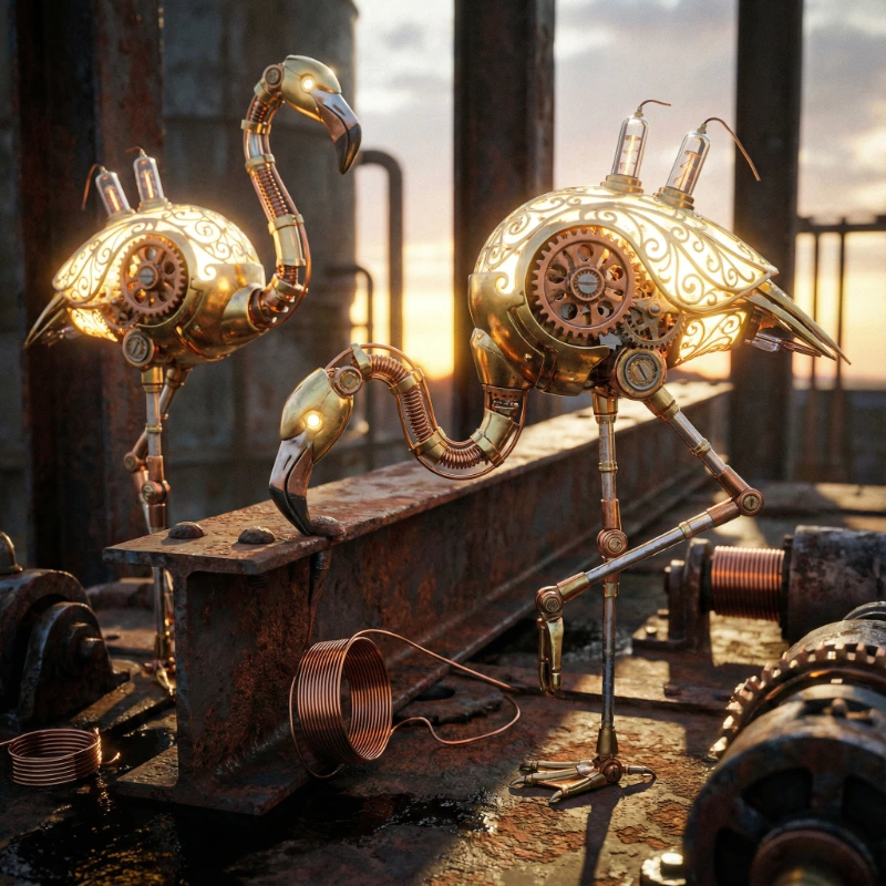 Mechanical Flamingos Dismantle, created using a Nano Banana Prompt