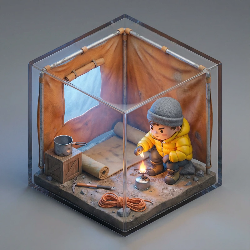 Chibi Mountaineer's Cube Camp, created using a Nano Banana Prompt
