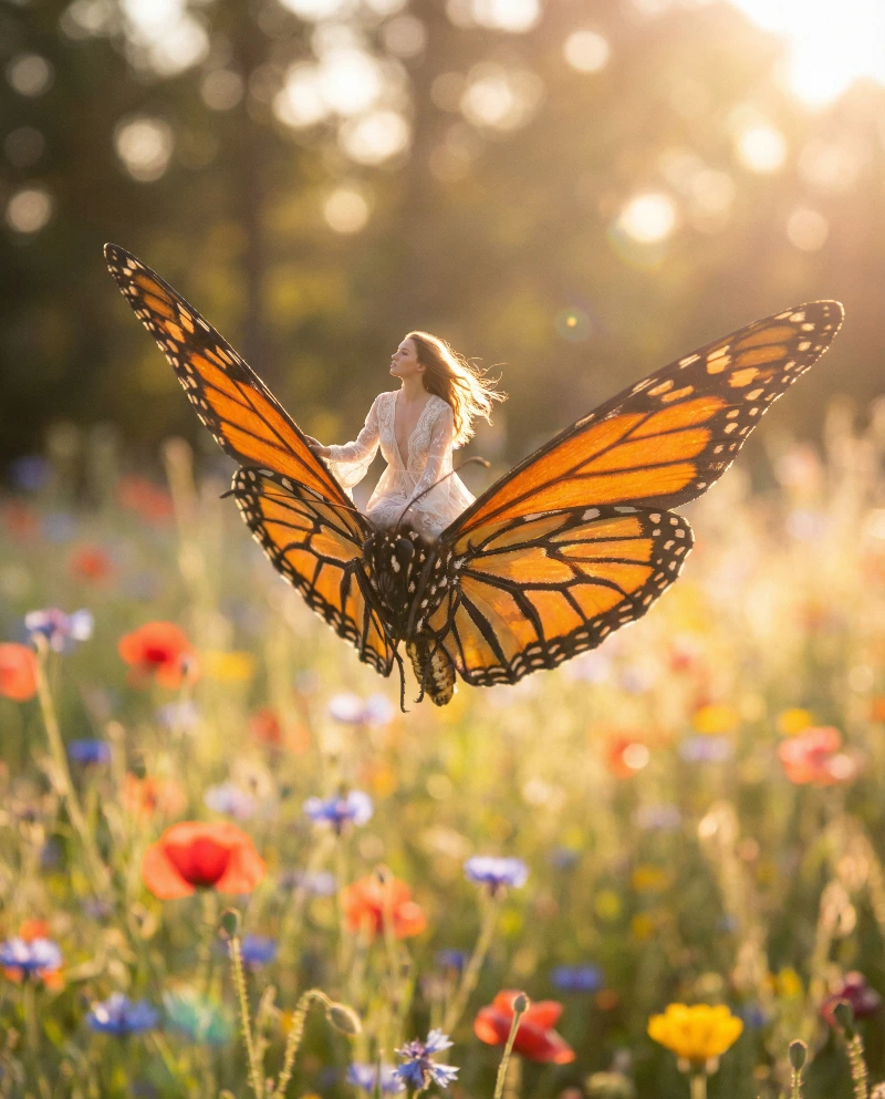 Nano Banana model generation of Tiny Woman on Giant Butterfly