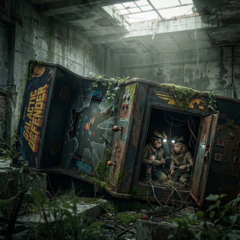 Tiny Survivors in Ruined Arcade, created using a Nano Banana Prompt