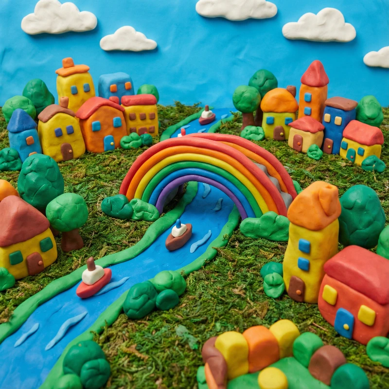 Whimsical Clay Rainbow Town
