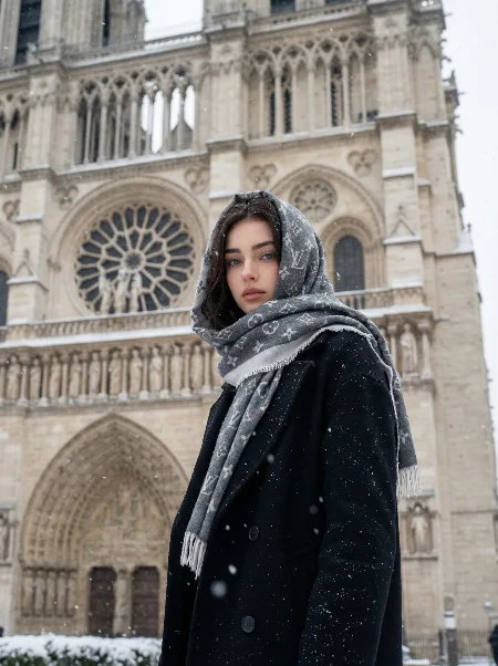 Nano Banana model generation of Snowy Notre-Dame Woman