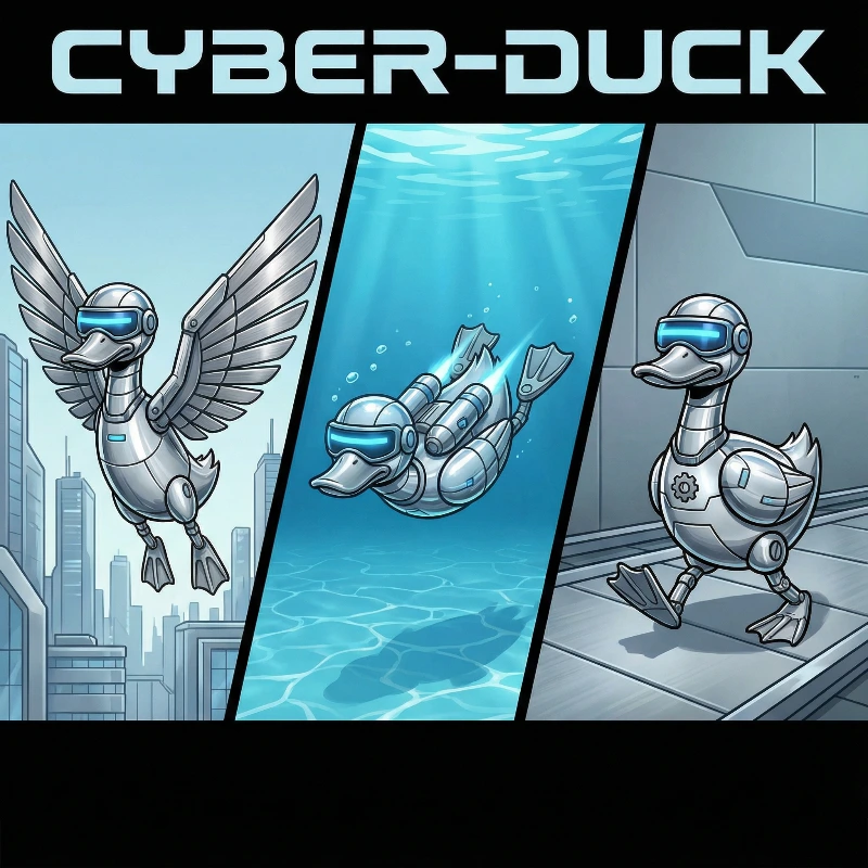 Cyber-Duck 3-Pose Strip, created using a Nano Banana Prompt