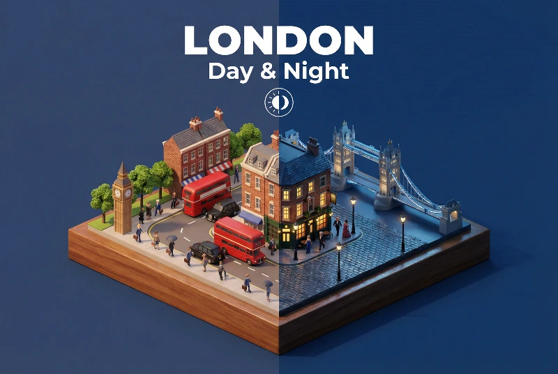 Nano Banana model generation of London Day-Night Isometric Diorama