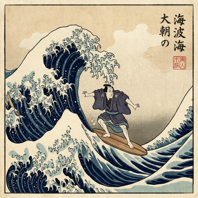 Nano Banana model generation of Ukiyo-e Surf Wave