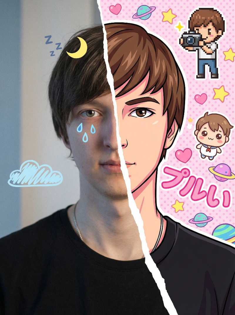 Split Real-Cartoon Portrait, created using a Nano Banana Prompt