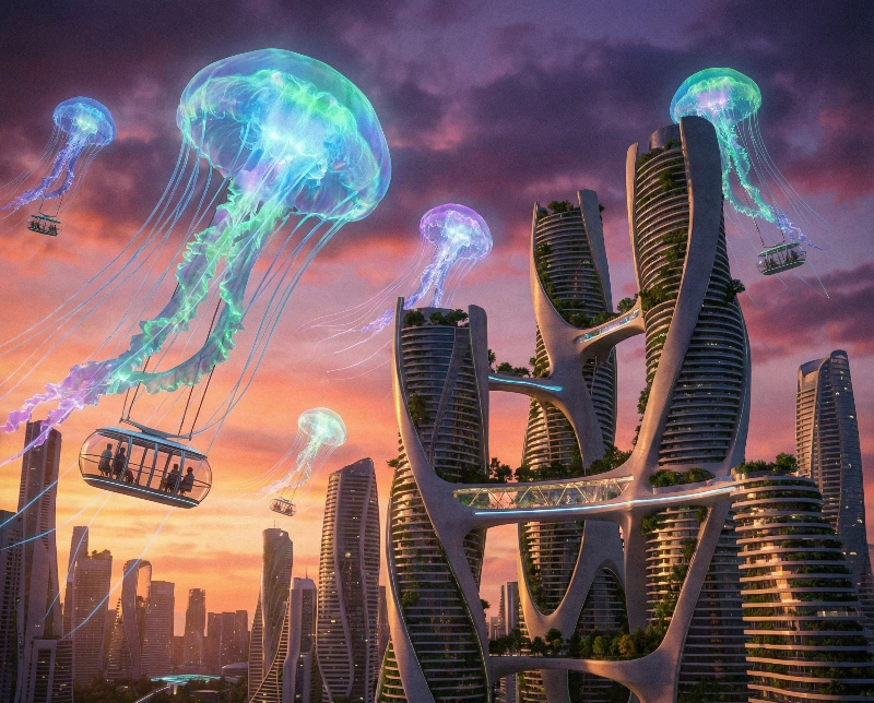 Futuristic Jellyfish Sunset Ride