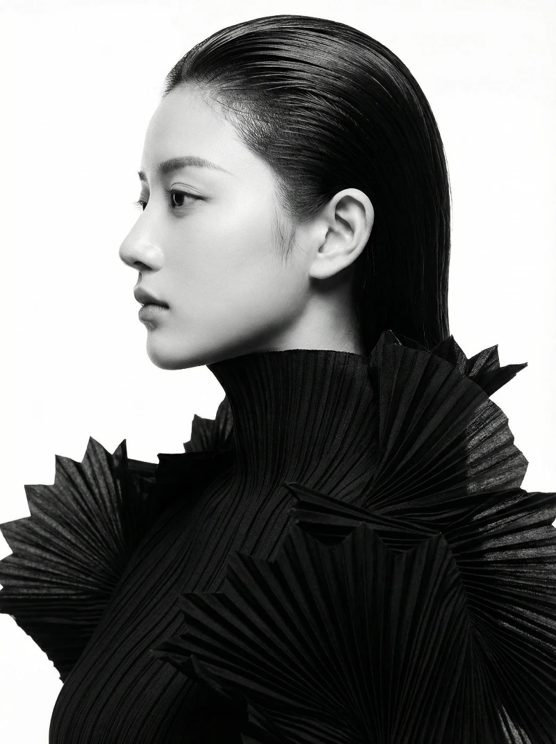 Nano Banana model generation of Sculptural B&W Profile Fashion