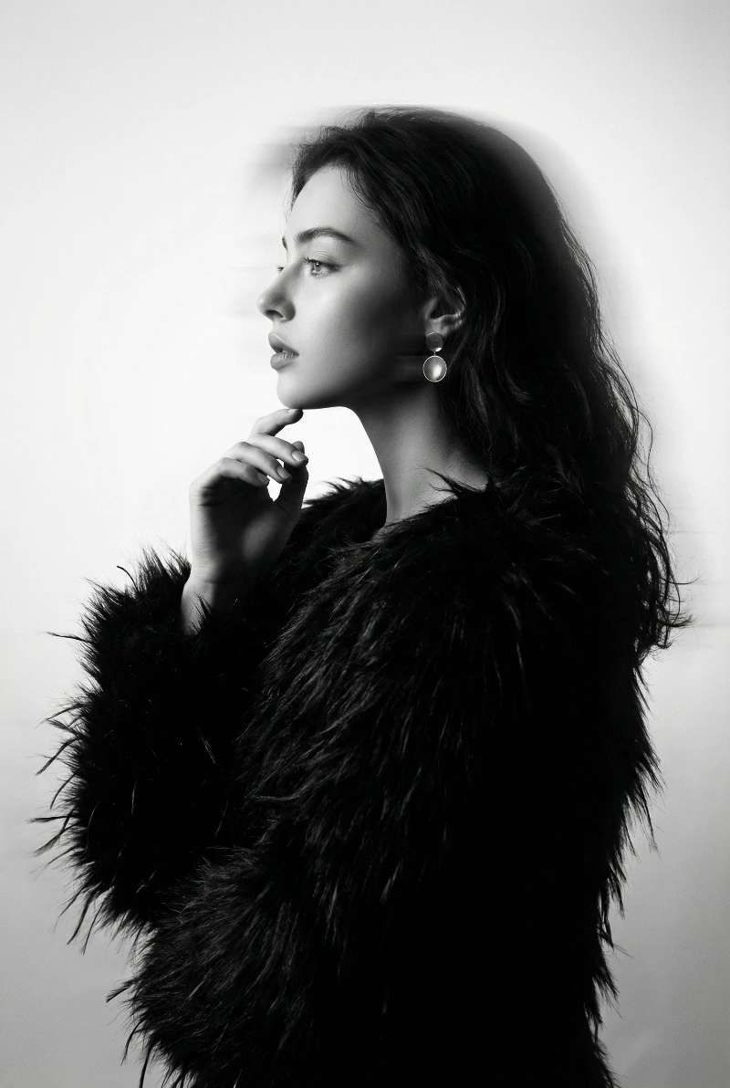 Nano Banana model generation of Surreal B&W Fashion Portrait