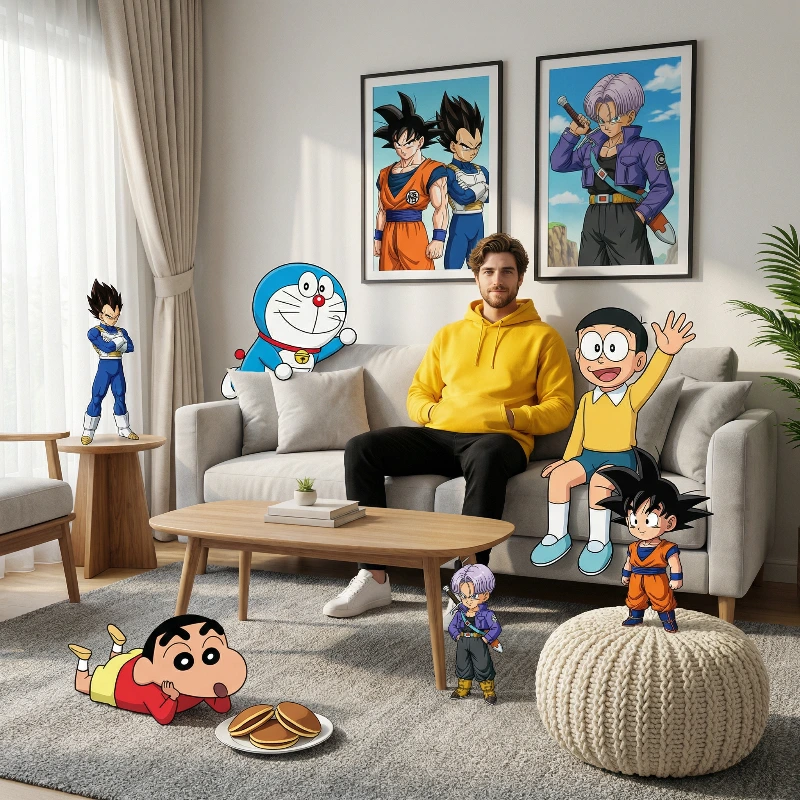 Nano Banana model generation of Surreal Anime Living Room Mix