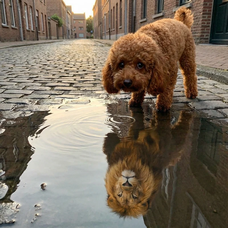 Poodle's Dreamy Lion Reflection, created using a Nano Banana Prompt
