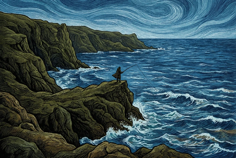 Solitary Cliffside Fisherman, created using a Nano Banana Prompt