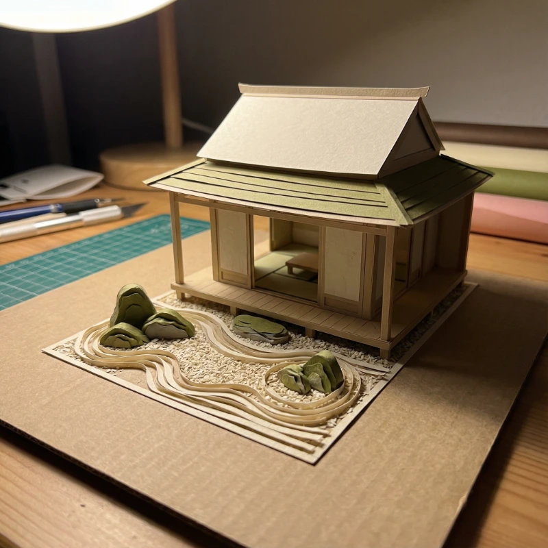 Nano Banana model generation of 3D Papercraft Teahouse Zen