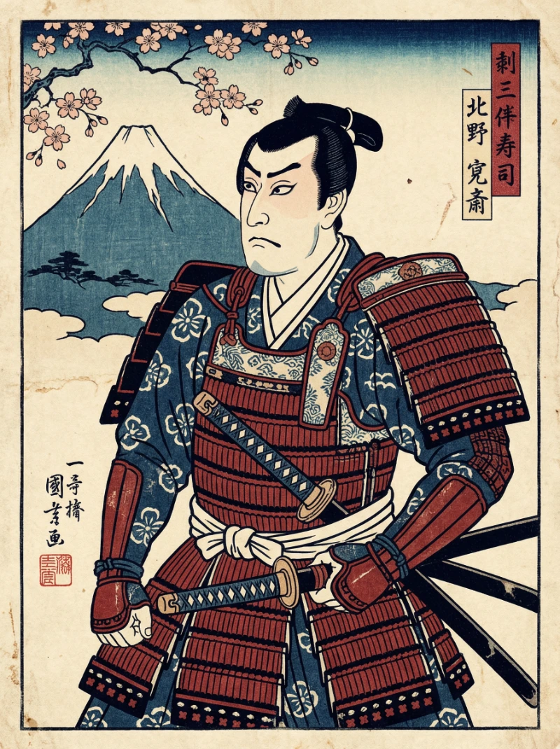 Indigo Red Samurai Portrait