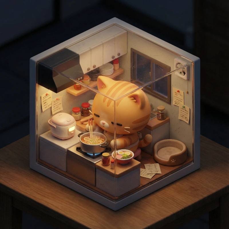 Nano Banana model generation of Late-Night Ramen Cat Diorama
