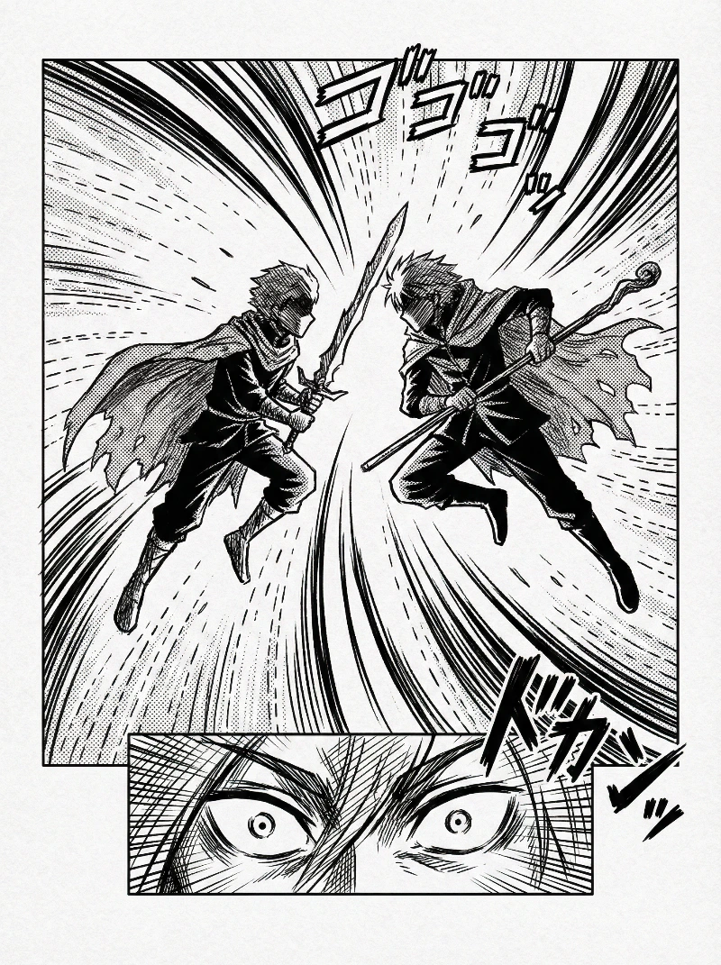 Nano Banana model generation of Dramatic B&W Manga Clash