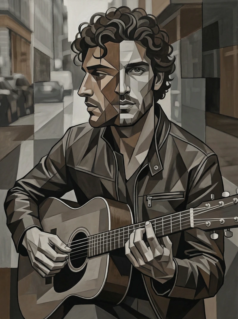 Nano Banana model generation of Cubist Guitar Portrait