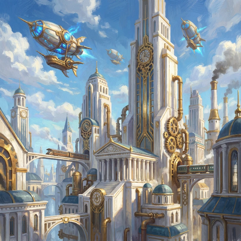 Nano Banana model generation of Steampunk Marble Cityscape