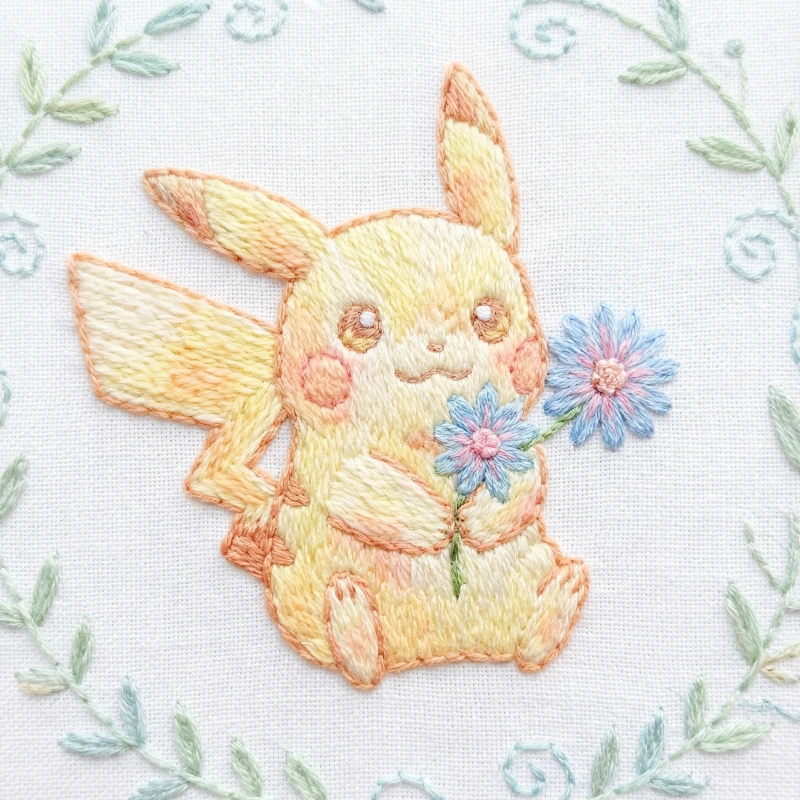 Nano Banana model generation of Pastel Pikachu Floral Embroidery