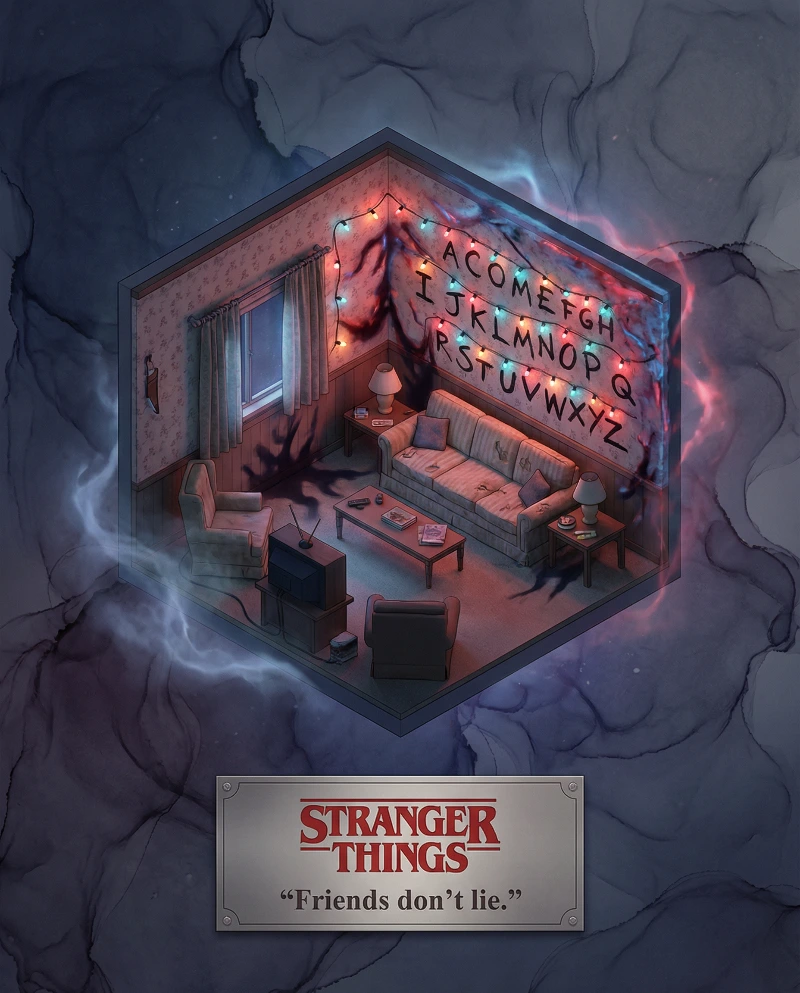 Nano Banana model generation of Stranger Things 3D Byers Room