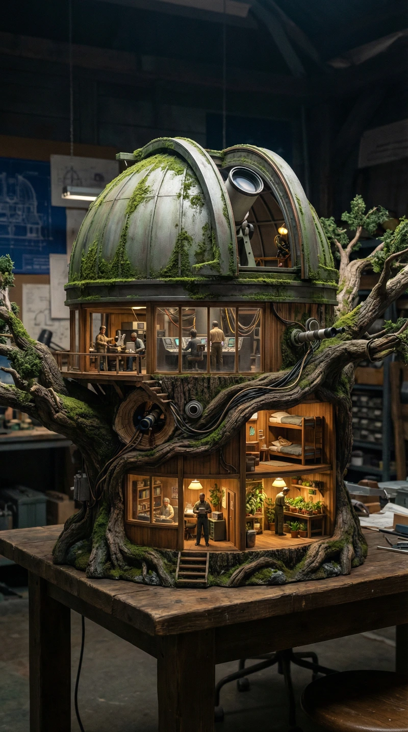 Nano Banana model generation of Cinematic Tree-Telescope Diorama