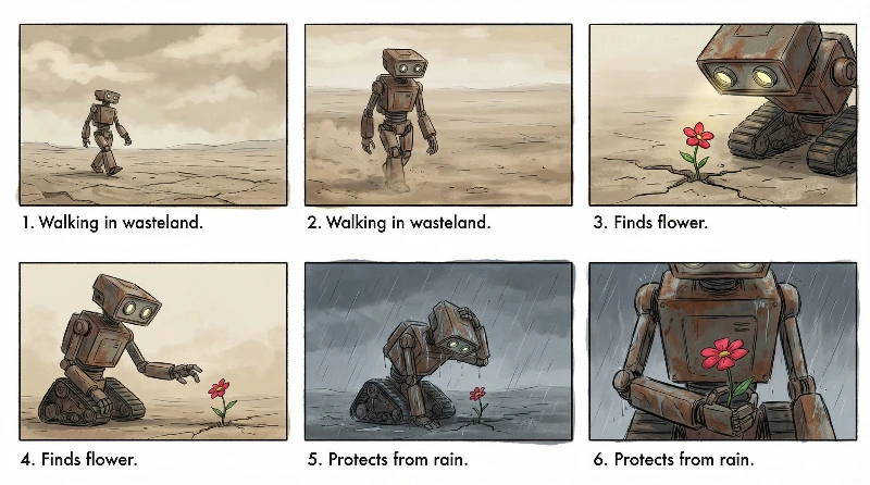 Nano Banana model generation of Wasteland Robot Storyboard