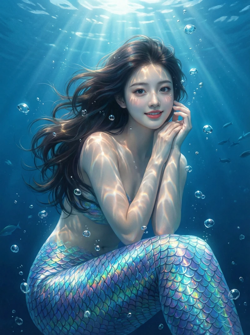 Iridescent Mermaid Underwater, created using a Nano Banana Prompt