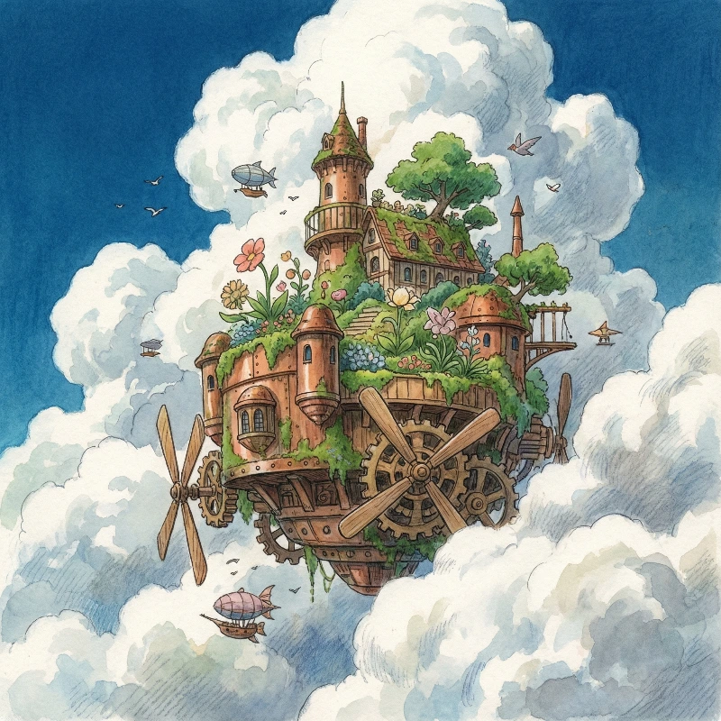 Nano Banana model generation of Anime Steampunk Cloud Castle